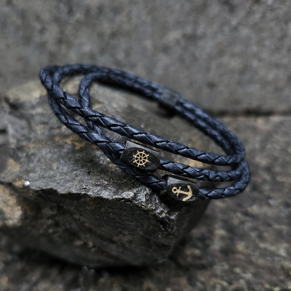 Voyage · Leather Triple Wrap in Seafarer: midnight leather · black beads · gold wheel + anchor · black clasp