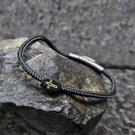 Cross (outline) · Paracord Single in Solaris Black: black paracord · black bead · gold outline · silver clasp