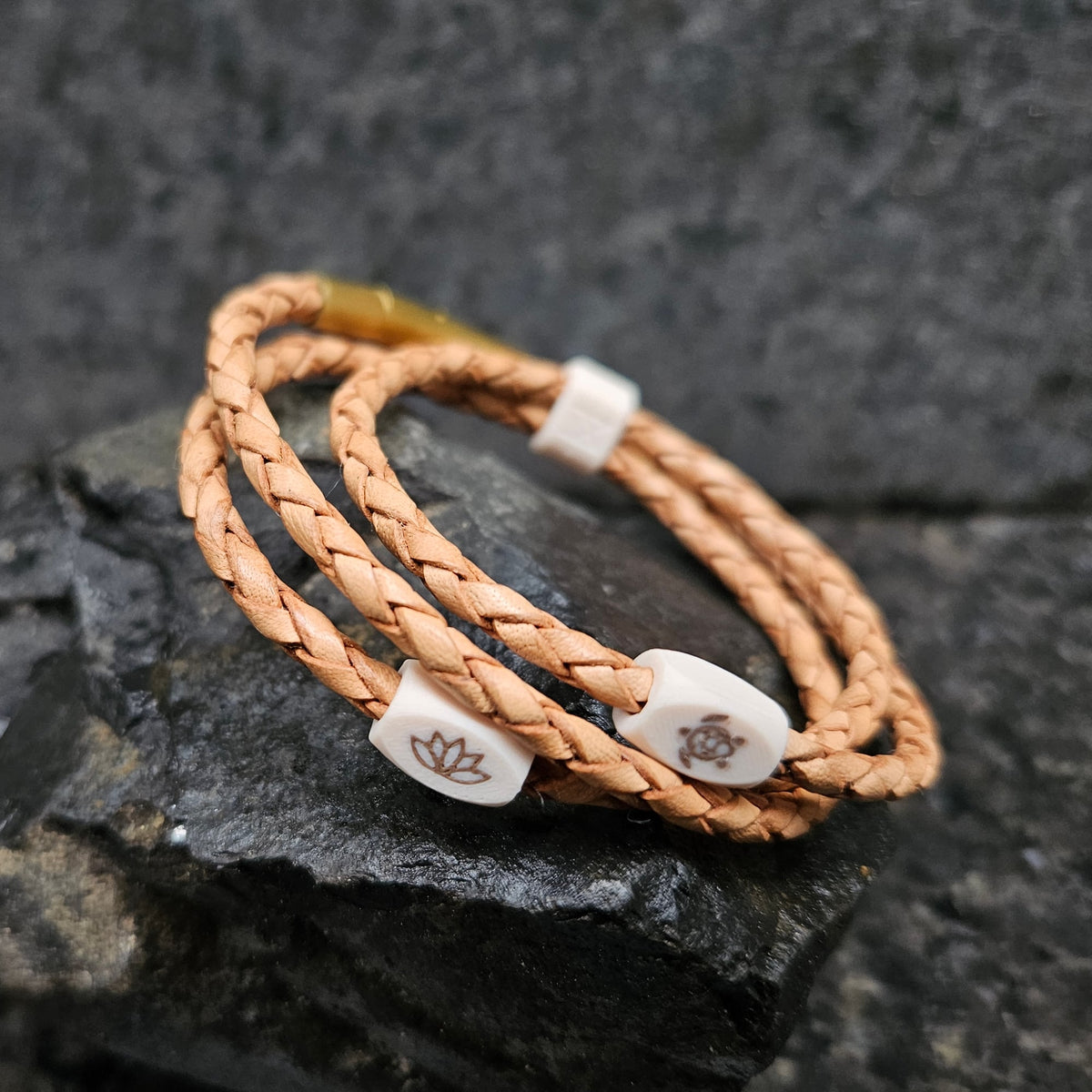 Lagoon · Leather Triple Wrap in Shoreline: tan leather · cream beads + coupling · brown lotus + turtle · gold clasp