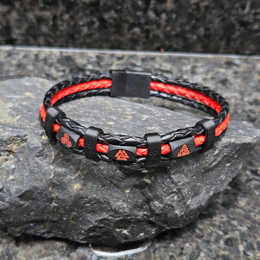 Valhalla · Banded Leather in Diablo: black leather outer braids · red centre braid · black beads · red trinity knot, valknut + triskele · black bands · black slide-lock clasp